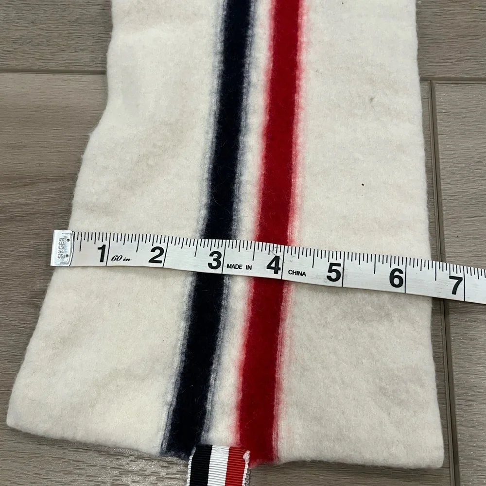 Thom Browne White Jersey Stitch Superfine Merino Wool Intarsia Stripe Scarf READ